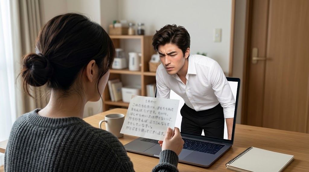 子どもが裏紙に書いた会いたいキャラ順リストを画面越しに見せて照合しているところ