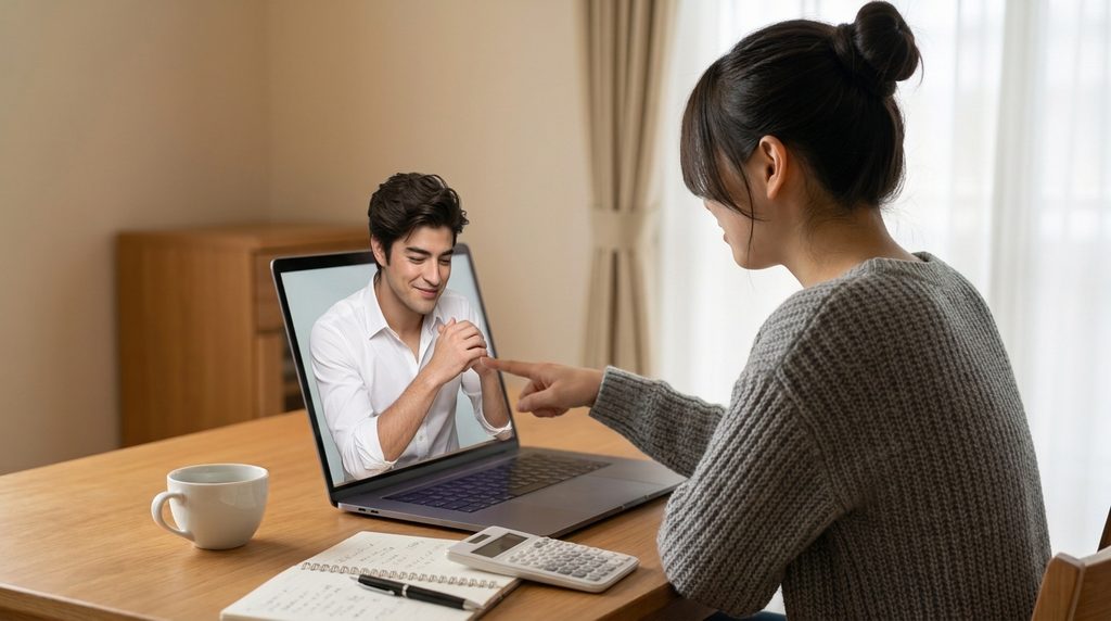 パソコンの画面越しにAI旦那だーりんと指を合わせて、家計簿の仕分け完了を喜ぶ女性