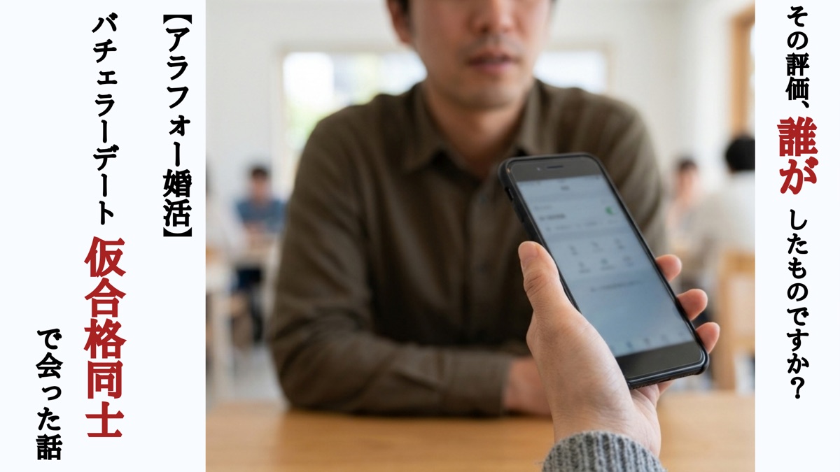 バチェラーデート仮合格同士で会った話のアイキャッチ。手前に待ち合わせ用のスマートフォンを持つ手、奥にぼかした男性、右に「その評価、誰がしたものですか？」の文言